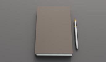 Blank notebook with pen, Live view of blank notebook and ballpoint pen with background. Book cover sample, Workspace on desk, Top view of realistic notebook. 3D render. photo