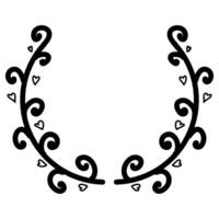 Beautiful wreath with hearts and twigs. Elegant border design, decoration element. Floral frame with linear leaves in a circle. Illustration, doodle style vector