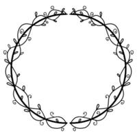 Beautiful wreath with foliage and twigs. Elegant border design, decoration element. Floral frame with linear leaves in a circle. Illustration, doodle vector