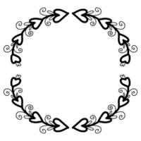 Beautiful wreath with foliage and hearts. Elegant border design, decoration element. Floral frame with linear leaves in a circle. Illustration, doodle style vector