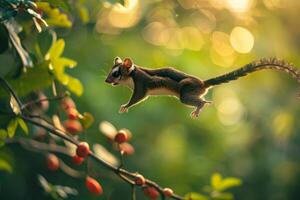 A squirrel is flying over a tree branch photo