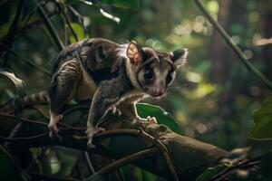 A small animal is sitting on a branch in the jungle photo