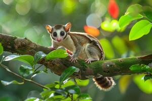 A sugar glider sits on a branch in the forest photo