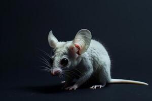 A white mouse with big ears standing on a black background photo