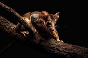 A sugar glider is sitting on a branch photo