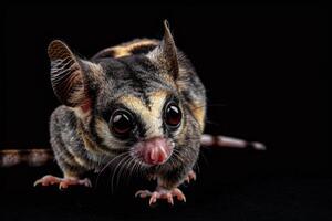 A sugar glider is standing on a black background photo