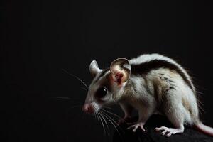 A white and black mouse is standing on a black surface photo
