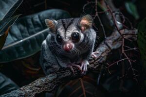 A sugar glider is sitting on a branch photo