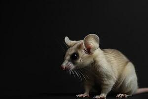 A white mouse is standing on a black background photo