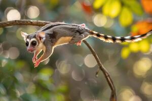 A sugar glider is flying through the air photo