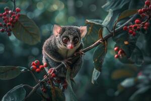 A small animal sitting on a branch with berries photo