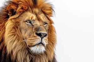A lion is looking at the camera in front of a white background photo
