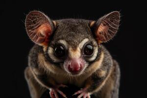 A sugar glider is sitting on a black background photo
