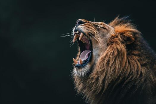 Lion roaring on dark background photo