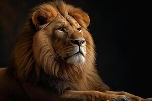 A lion is sitting down on a black background photo