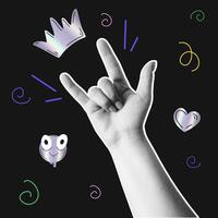 Trendy halftone hand element for collages. Goat, horns gesture Hand. Square poster for birthday party. Cool party background. Square template for Social media congratulation. illustration. vector