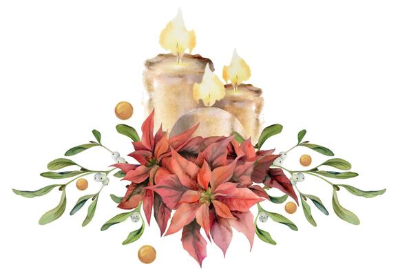 Candles with poinsettia flower, mistletoe branches and berries. Watercolor hand drawn illustration, composition isolated on white. Xmas, happy new year festive, noel navidad holiday. For cards, gifts.