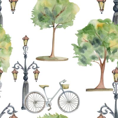 Old European city town street with lamp posts, ornamental lanterns, lined trees green hedge. Watercolor hand drawn seamless pattern. Tourist shops, souvenirs, travel brochures, architectural bureau
