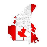 isolated simplified illustration icon with silhouette of Canada map. National Canadian flag with Maple Leaf, red, white colors. White background vector