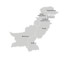 isolated illustration of simplified administrative map of Pakistan. Borders and names of the provinces, regions. Grey silhouettes. White outline. vector