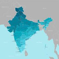 modern illustration. Simplified administrative map of India. Border with nearest countries China, Pakistan and etc. Blue background of seas. Names of cities and regions borders vector