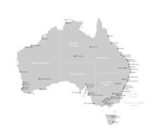 modern illustration. Simplified isiolated on white background administrative map of Australia. Names of Australian cities, borders of regions. Grey shapes vector