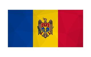 isolated illustration. Official symbol of Moldova. National moldovian flag with tricolour of blue, yellow, red and coat of arms. Creative design in low poly style with triangular shapes. vector