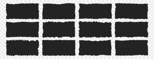 Set of black grunge rectangle frames with jagged edges. Geometric rectangular form of old torn paper pieces or shred black sheets. Ripped edge texture simple shape silhouettes of page tear fragments. vector