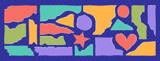 Colorful torn paper set. Pieces of crumpled note sheet with jagged edges. Grunge rectangle or circle frames, header shapes with wavy borders. Geometric simple form silhouettes of old tear page strips vector
