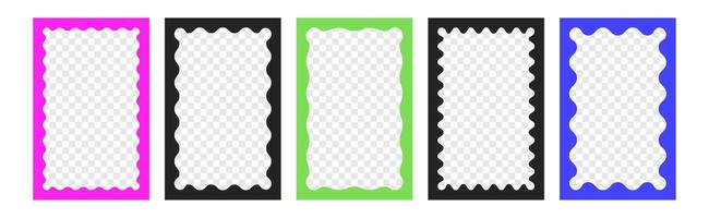 set of rectangle squiggle photo frames with wavy edges. Zigzag wave borders, wiggly rectangular shapes. Empty text boxes, mirrors or color framework with scallop line border on white background vector