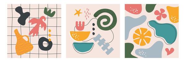 Contemporary cards set with modern abstract nature elements, organic geometric shapes or naive art forms. Poster with hand drawn simple freeform, liquid blobs, irregular objects or deformed figures vector