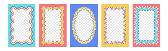 set of rectangle wavy frames with scallop edge. Squiggle photo borders with zig zag edges. Wiggly rectangular groovy shapes, color funky text box frameworks or curvy mirrors with jagged border vector