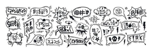 Hand drawn doodle sketch speech bubbles with insults, curses, swear word symbols and offensive language. Bad words in talk frames, comic explosion boxes or chat balloons for angry, negative expression vector