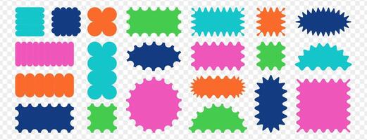Color jagged geometric shapes. Scallop rectangle, semicircle and oval frames with wiggly borders. Torn paper, serrated stickers or box elements with zig zag edges. Zig zag wavy labels or curved badges vector