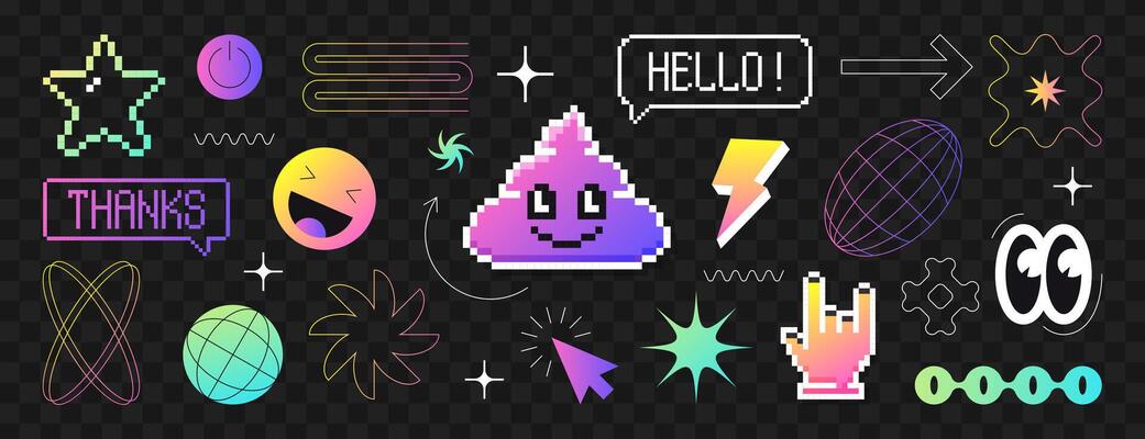 Y2k pixel icons in 8bit retro style. Pixelated gradient smile face, arrow, poop sticker, aesthetic lines, wireframe grid shapes. Rock hand sign, power button, speech bubbles with word thanks and hello