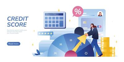 Flat businesswoman try to improve credit score. Character pulling speedometer arrow from bad to good level of creditworthiness for loan, mortgage. Gauge meter, bar indicator, scale range landing page. vector
