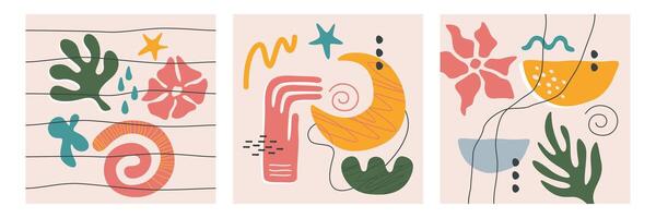 set of contemporary cards with abstract summer nature elements. Poster collection with organic geometric shapes, lines, doodle freeform objects. Hand drawn trendy basic simple figures and forms vector