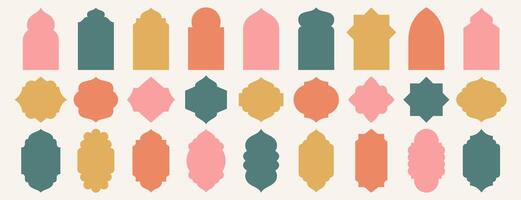 Old mosque windows shape in oriental style. Islamic door set, flat arabic frames or arabian arches silhouette. Muslim architecture geometric design elements, moroccan minimal arcs. Ramadan kareem gate vector