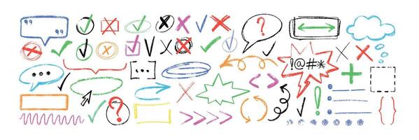 Hand drawn crayon emphasis, highlight oval and rectangle frames. Chalk pencil arrow pointer, speech bubble, strokes, checkmark, punctuation marks. Scribble charcoal text box, lines, underline elements vector
