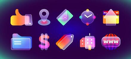Realistic modern ui icons in glassmorphism style. 3d frosted social media icon set of map location, folder, price tag, clock and homepage for website or mobile app on blurred neon gradient background vector