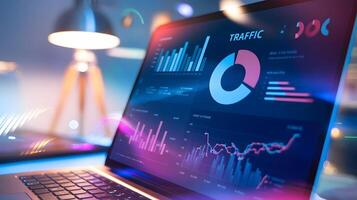 Close-Up of Laptop Screen Showing Colorful Website Traffic Metrics and Analytics photo