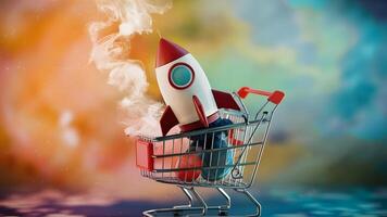 Shopping Cart with Rocket Launching, Symbolizing Fast Delivery and Quick Shipping photo