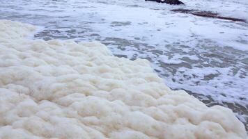 Eutrophication and pollution of the sea, waves with dirty foam roll ashore during a storm, Black Sea video