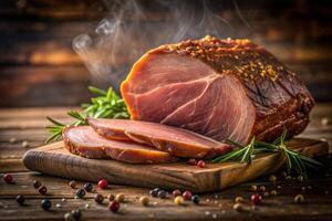 A large piece of ham is sliced and placed on a wooden cutting board. The ham is surrounded by a variety of spices, including black pepper, and a few sprigs of rosemary. photo