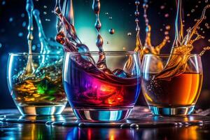 Three glasses of different colored drinks are splashing water on a table. The colors of the drinks are green, blue, and red. photo