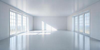 A large, empty room with white walls and windows. The room is very bright and airy, with a lot of natural light coming in through the windows. The space feels open and inviting. photo