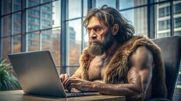A primitive man in a modern office is sitting in front of a laptop. He is typing on the keyboard and concentrating on his work. Concept of solitude and concentration. photo