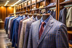 A row of men's jackets on headless tailor's mannequins. Men's clothing store. The first one hangs a blue checked jacket, with a red tie. photo