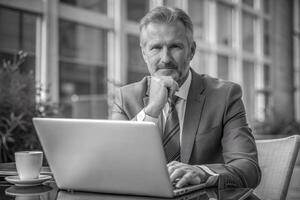 Man in suit sitting at table with laptop and cup of coffee, resting chin on hand. photo
