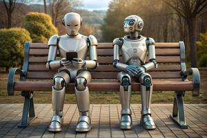 Two robots sitting at a table with cell phones in their hands. Scene is lighthearted and playful. photo